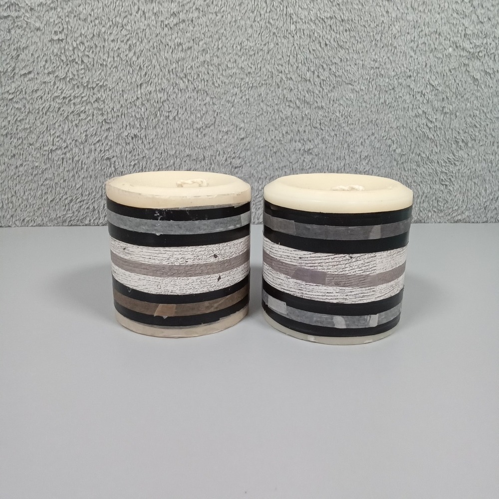 Set of 2 Modern Striped Pillar Candles Black Grey White Tan Neutral Decor 3x3
